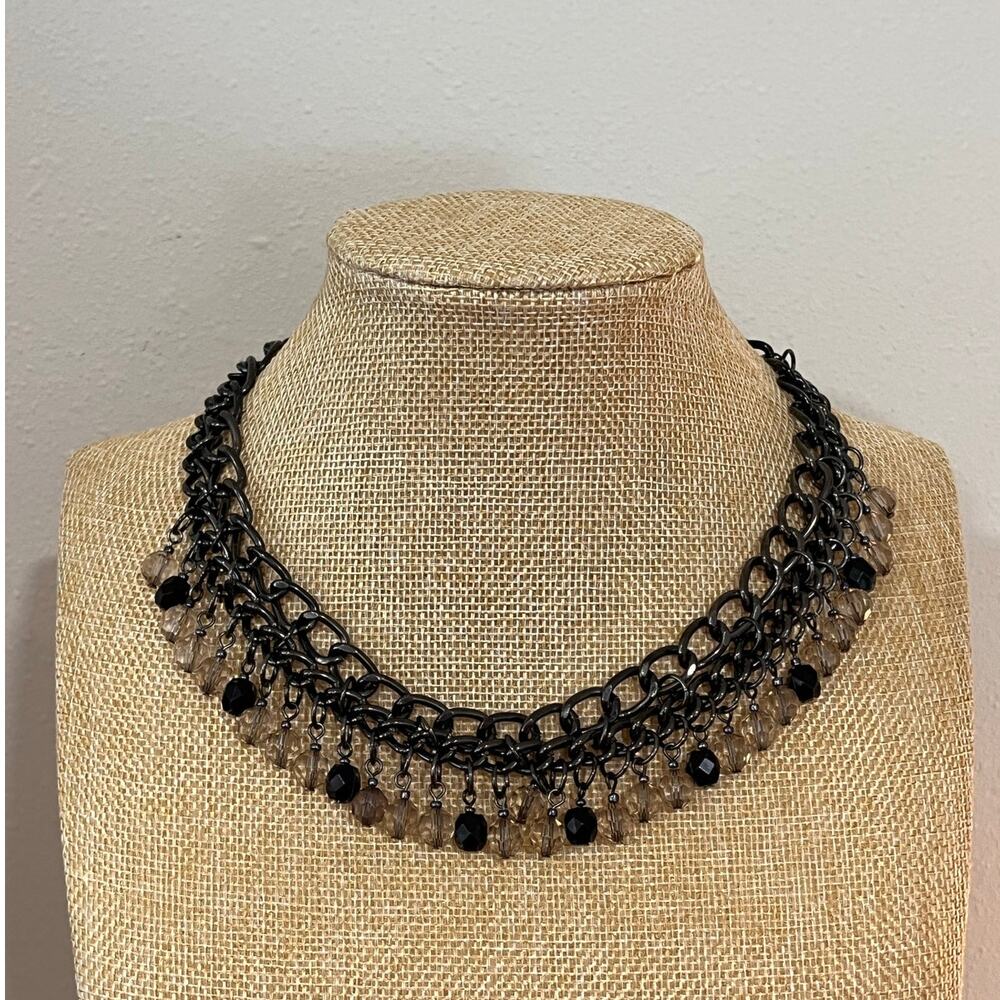 Whimsigoth Gunmetal Chain Necklace Crystal Drop Dark Romantic Statement, 18"